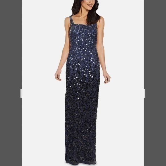 Adrianna Papell Sleeveless Square-Neck Square-Back Sequin Column Gown Midnight